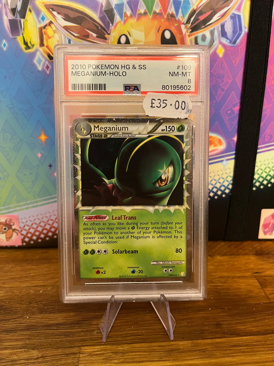 Meganium Holo 109/123 Heart Gold & Soul Silver PSA 8 Graded Pokémon Card