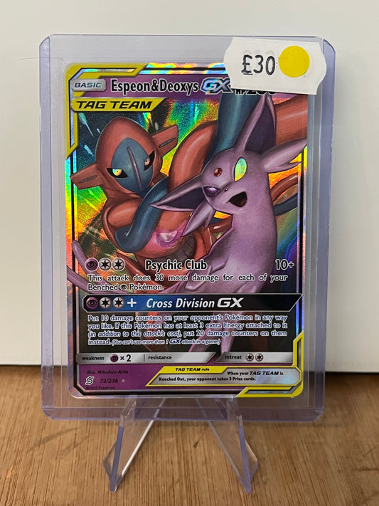 Espeon & Deoxys GX Tag Team Holo Full Art 72/236 Unified Minds NM Single Pokémon Card